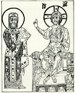 Emperor Constantine presents the Nicene Creed to Jesus for his blessing